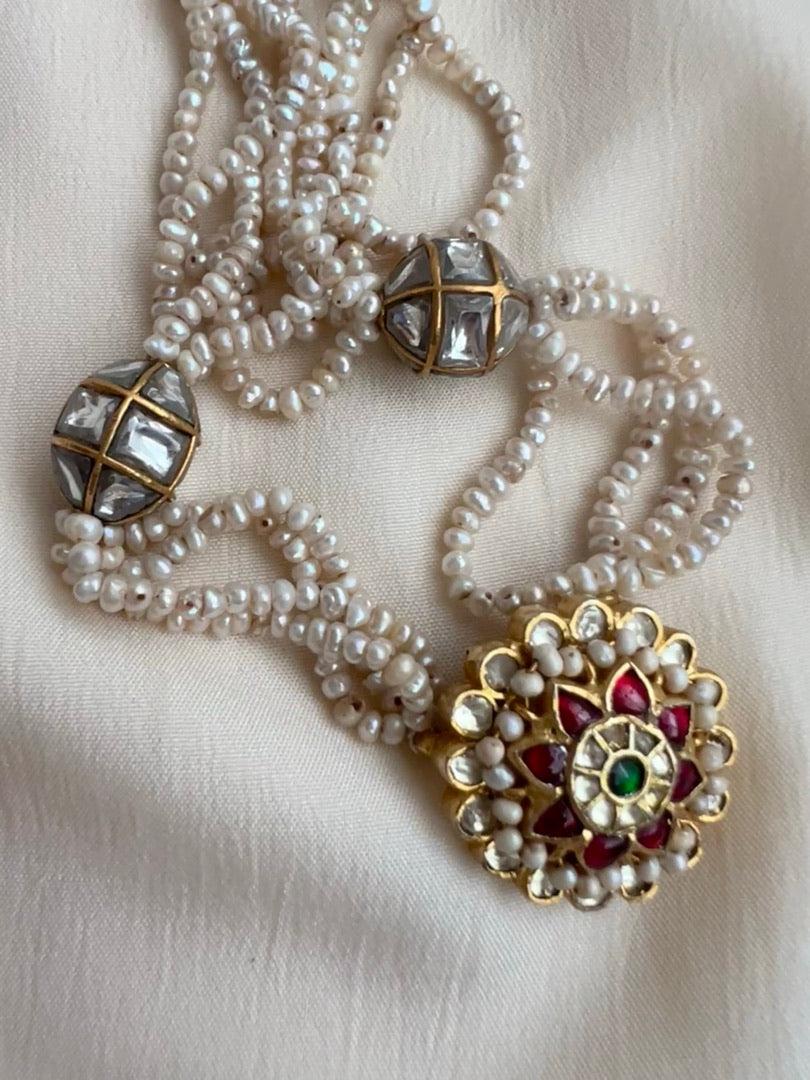 Gold polish stringed pearl necklace with kundan pendant-Silver Neckpiece-CI-House of Taamara