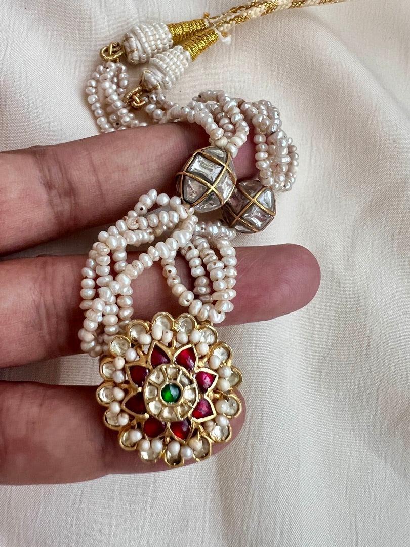 Gold polish stringed pearl necklace with kundan pendant-Silver Neckpiece-CI-House of Taamara