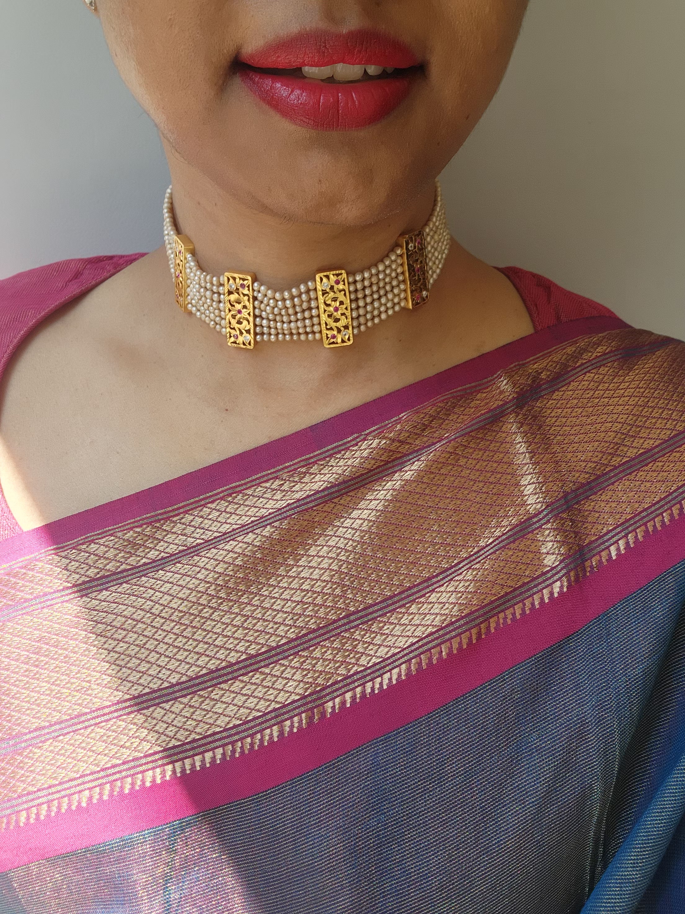 Gold polish stringed pearls choker-Silver Neckpiece-CI-House of Taamara