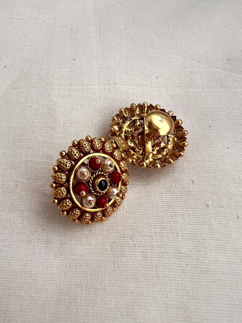 Gold polish studs with corals and pearls-Earrings-CI-House of Taamara