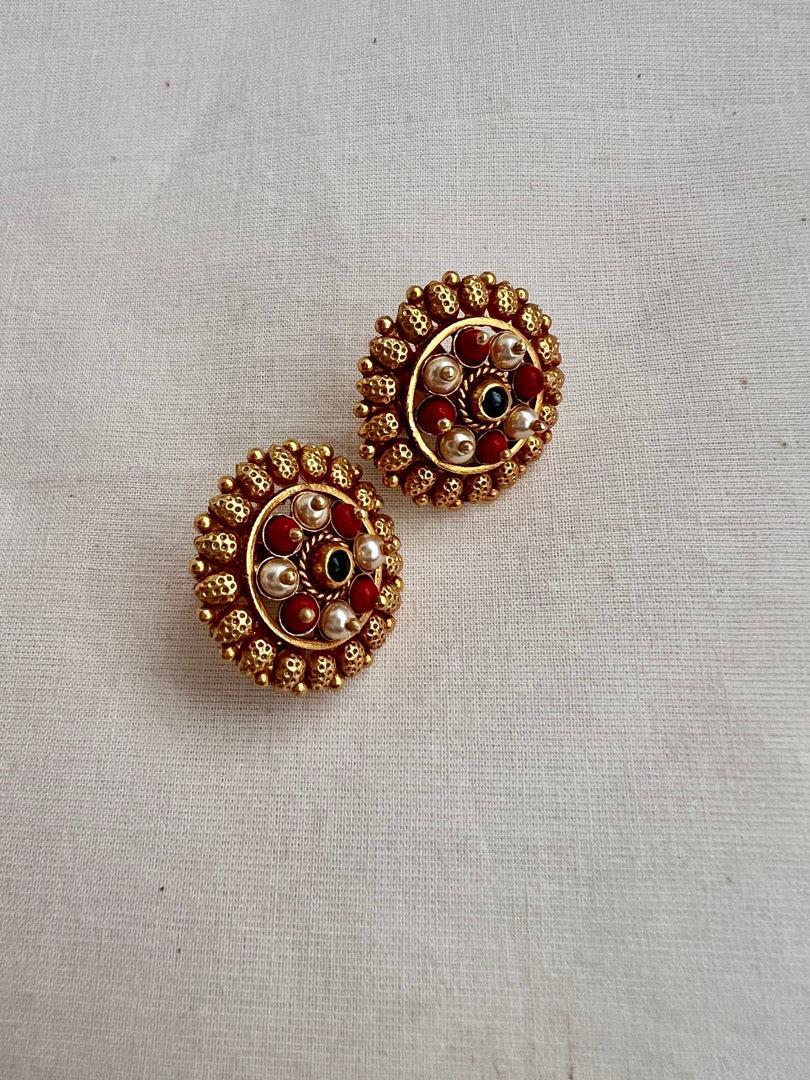 Gold polish studs with corals and pearls-Earrings-CI-House of Taamara