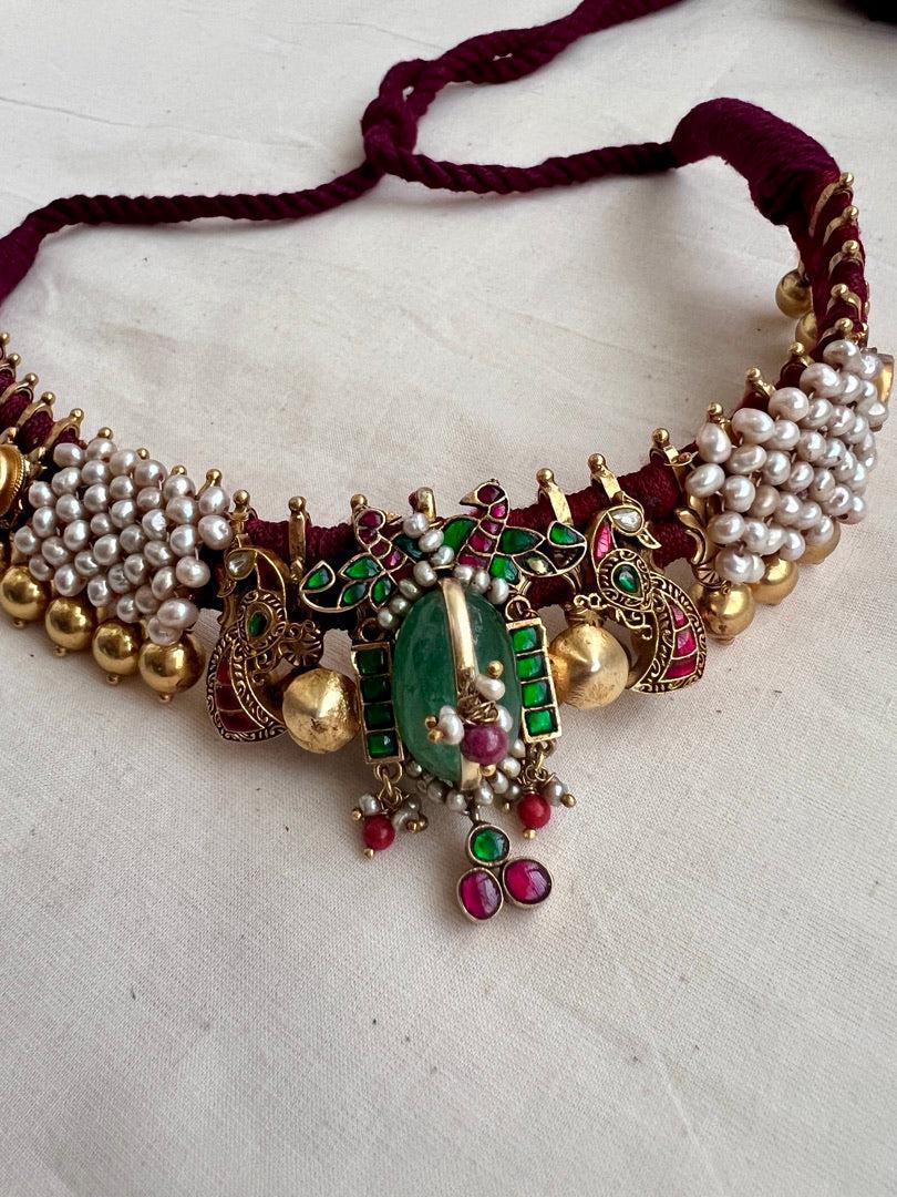 Gold polish threaded necklace set with kundan, ruby & emerald with pearls-Silver Neckpiece-CI-House of Taamara