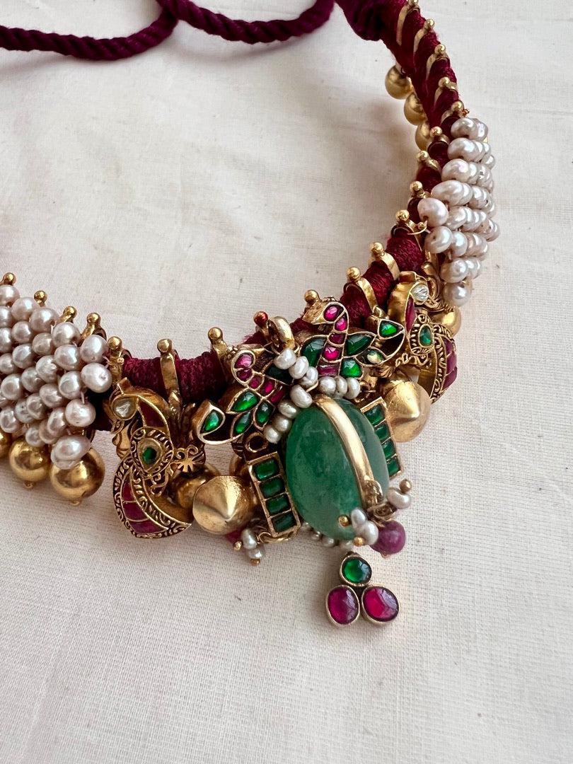 Gold polish threaded necklace set with kundan, ruby & emerald with pearls-Silver Neckpiece-CI-House of Taamara