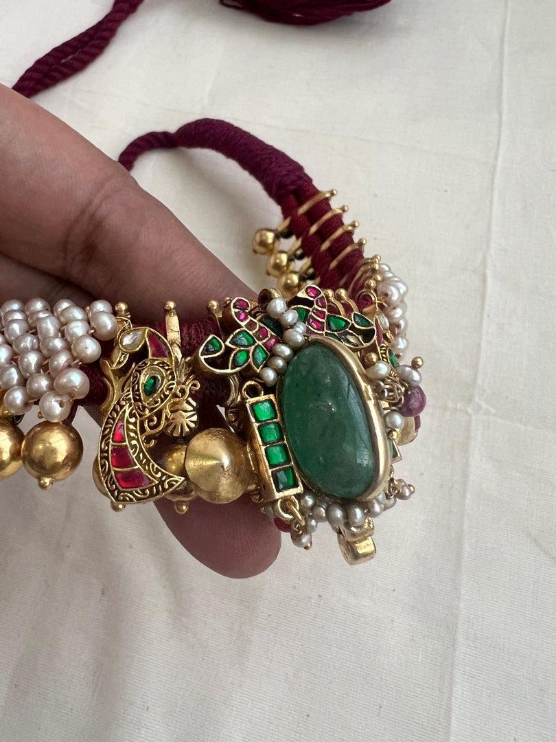 Gold polish threaded necklace set with kundan, ruby & emerald with pearls-Silver Neckpiece-CI-House of Taamara