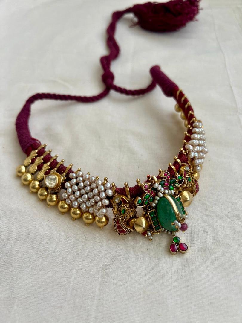 Gold polish threaded necklace set with kundan, ruby & emerald with pearls-Silver Neckpiece-CI-House of Taamara