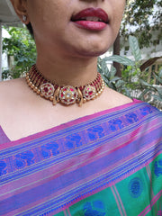 Gold polish threaded necklace with fusion kundan motifs & pearls-Silver Neckpiece-CI-House of Taamara