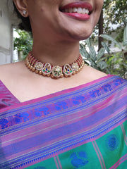 Gold polish threaded necklace with fusion kundan motifs & pearls-Silver Neckpiece-CI-House of Taamara