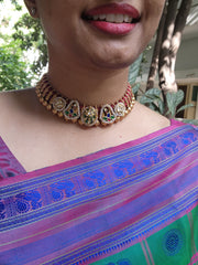 Gold polish threaded necklace with fusion kundan motifs & pearls-Silver Neckpiece-CI-House of Taamara