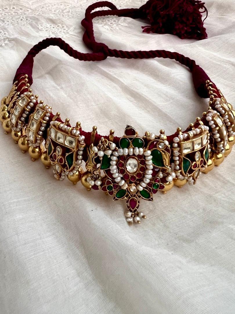 Gold polish threaded necklace with kundan, ruby and emerald motifs-Silver Neckpiece-CI-House of Taamara