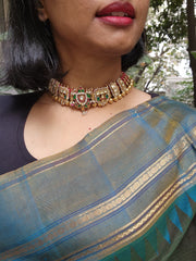 Gold polish threaded necklace with kundan, ruby and emerald motifs-Silver Neckpiece-CI-House of Taamara
