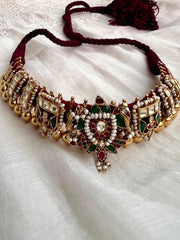 Gold polish threaded necklace with kundan, ruby and emerald motifs-Silver Neckpiece-CI-House of Taamara