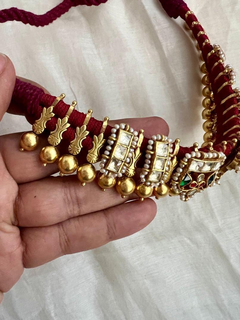 Gold polish threaded necklace with kundan, ruby and emerald motifs-Silver Neckpiece-CI-House of Taamara