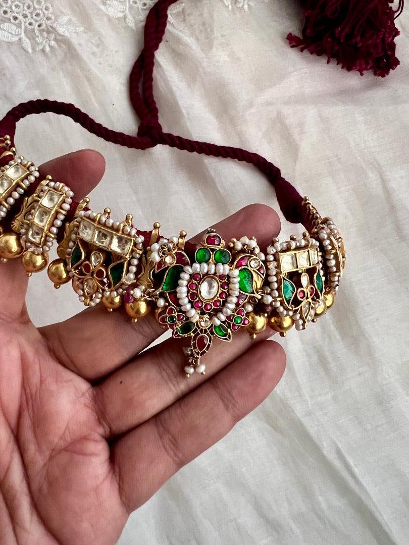 Gold polish threaded necklace with kundan, ruby and emerald motifs-Silver Neckpiece-CI-House of Taamara