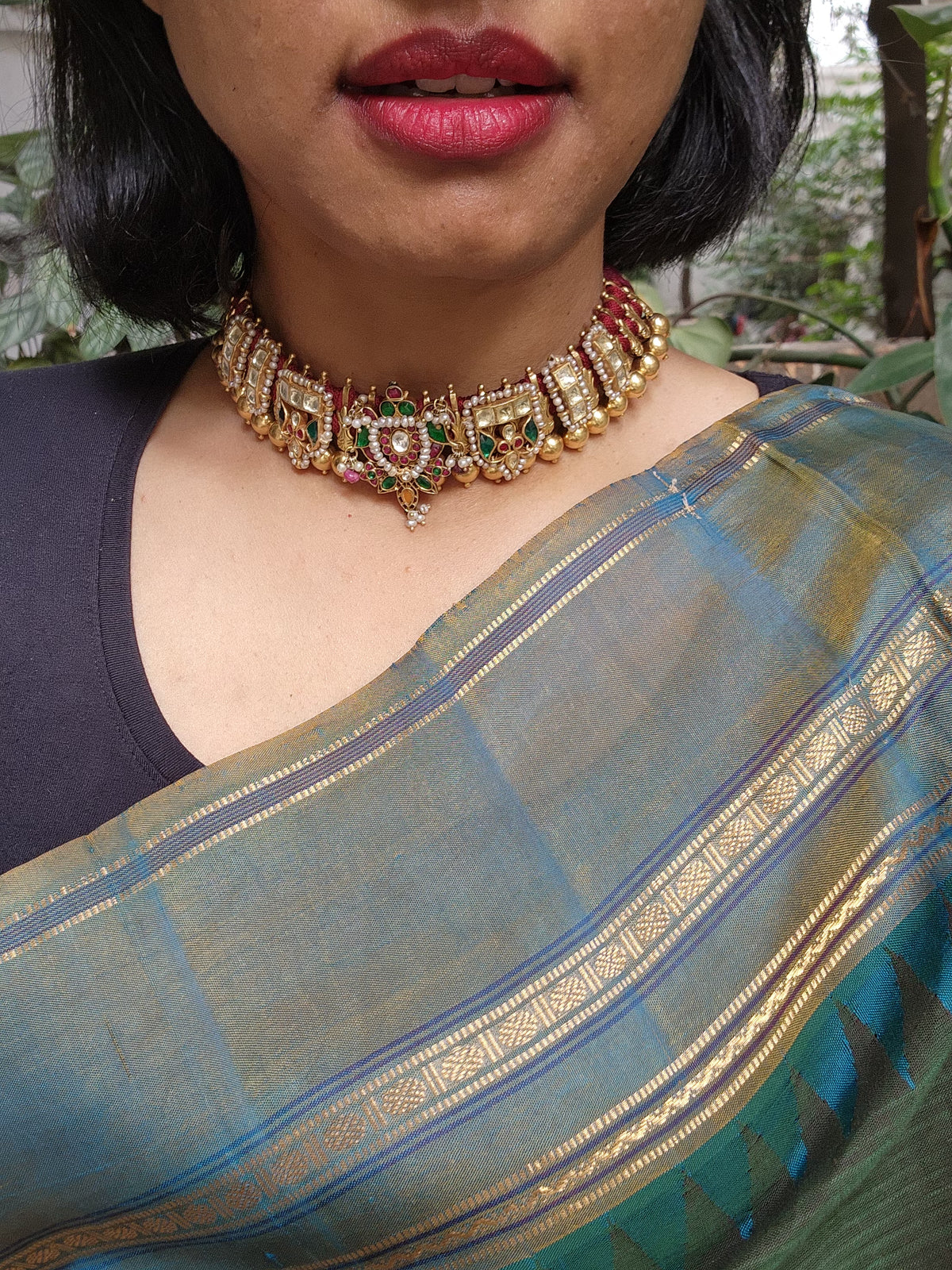 Gold polish threaded necklace with kundan, ruby and emerald motifs-Silver Neckpiece-CI-House of Taamara