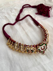 Gold polish threaded necklace with kundan, ruby and emerald motifs-Silver Neckpiece-CI-House of Taamara