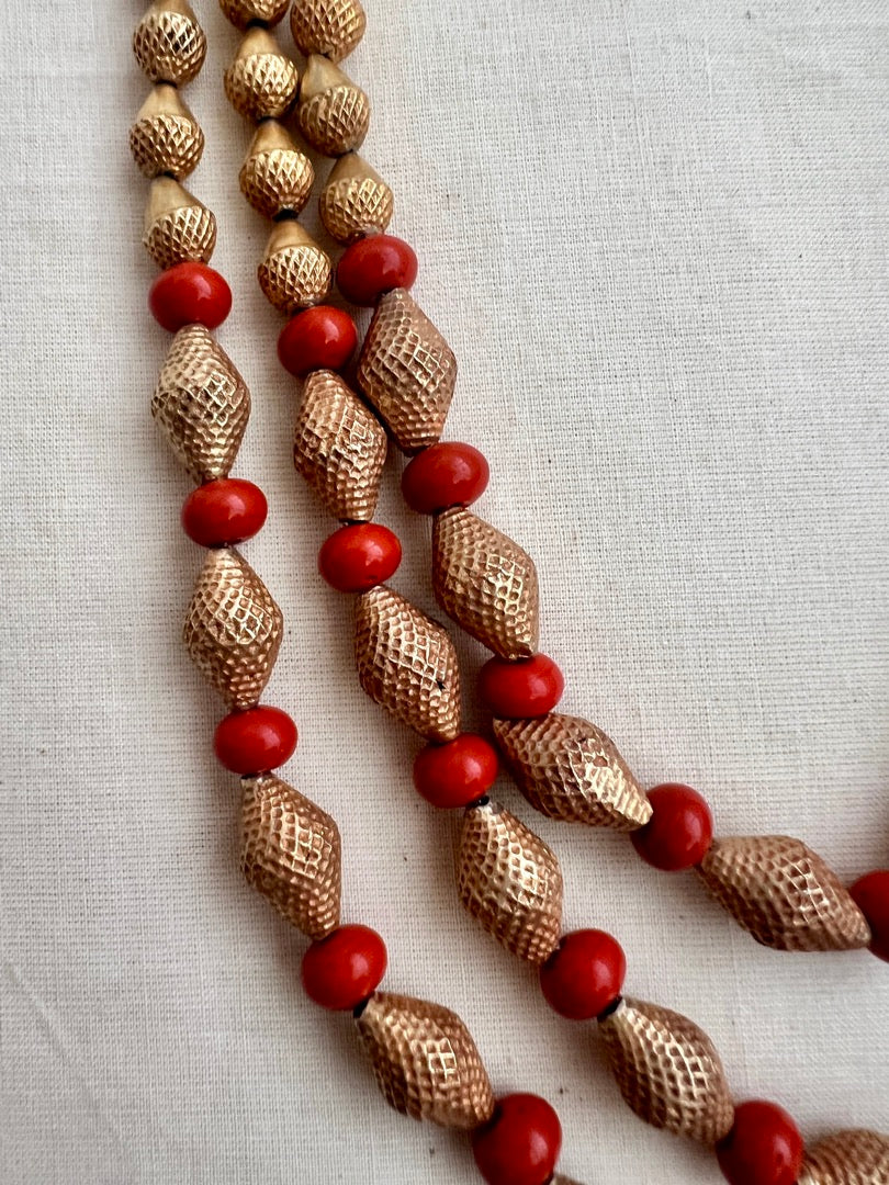 Gold polish three layer antique style beads and corals chain-Silver Neckpiece-CI-House of Taamara