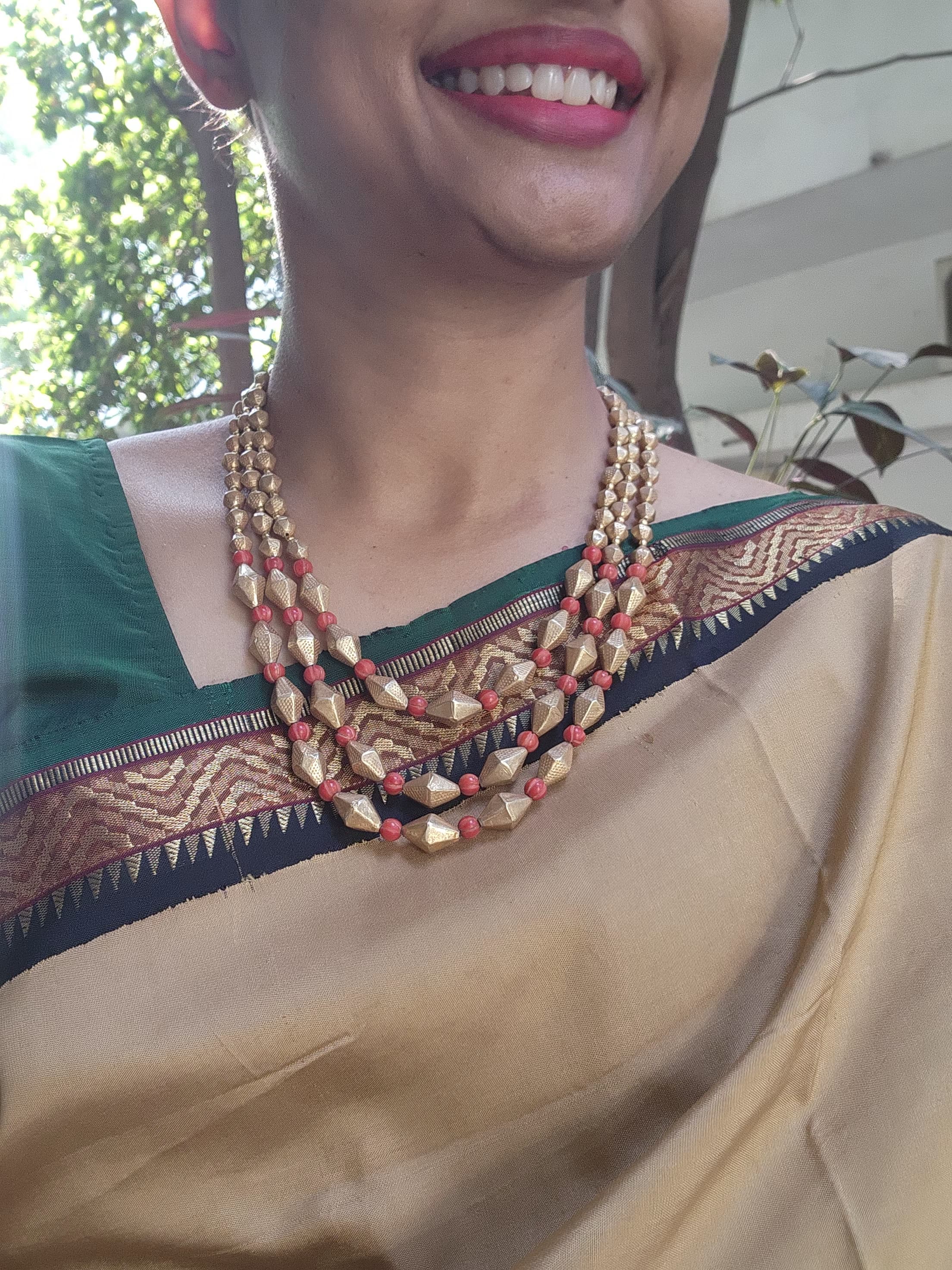 Gold polish three layer beads & corals stringed necklace-Silver Neckpiece-CI-House of Taamara