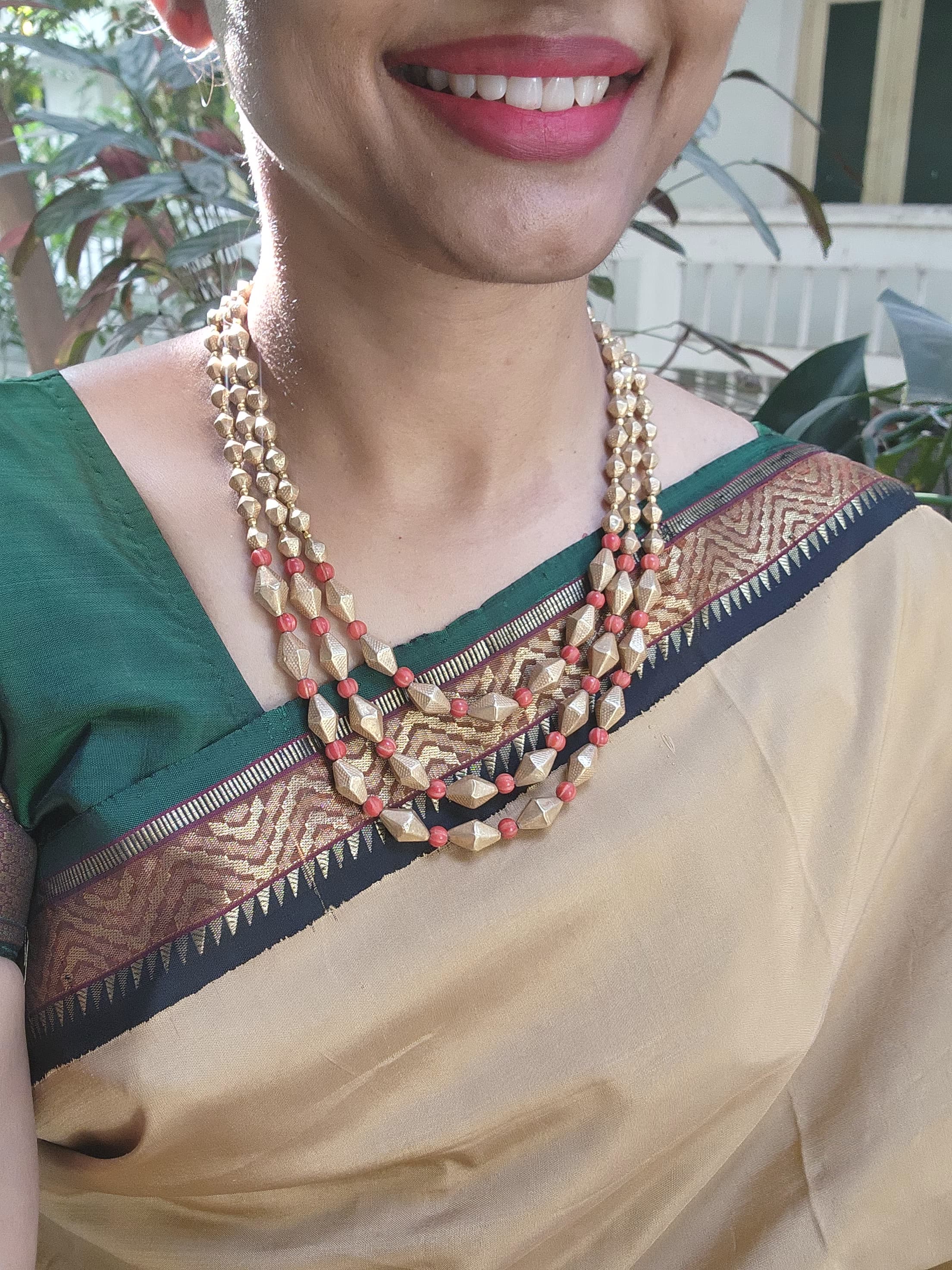 Gold polish three layer beads & corals stringed necklace-Silver Neckpiece-CI-House of Taamara