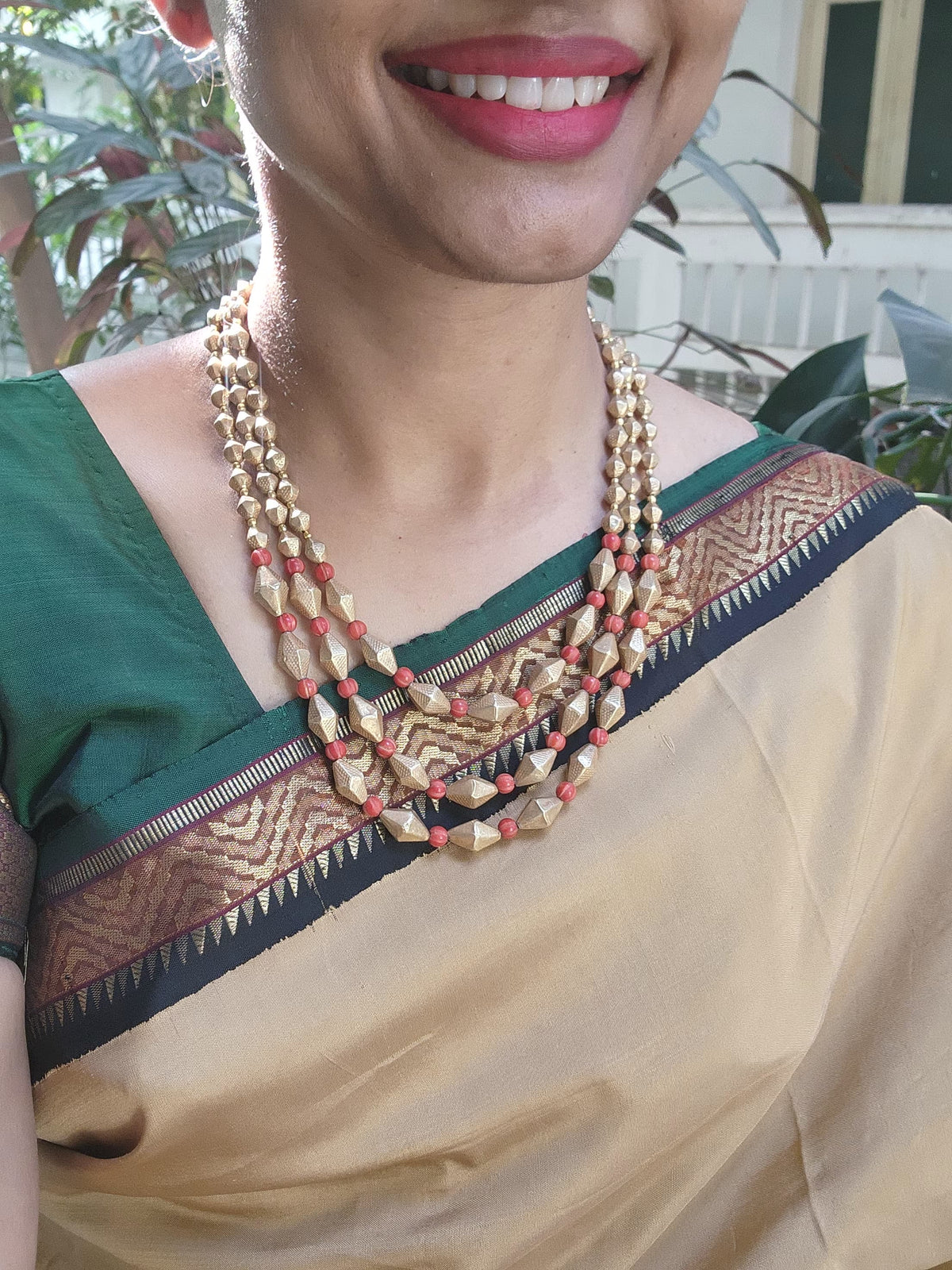Gold polish three layer beads & corals stringed necklace-Silver Neckpiece-CI-House of Taamara