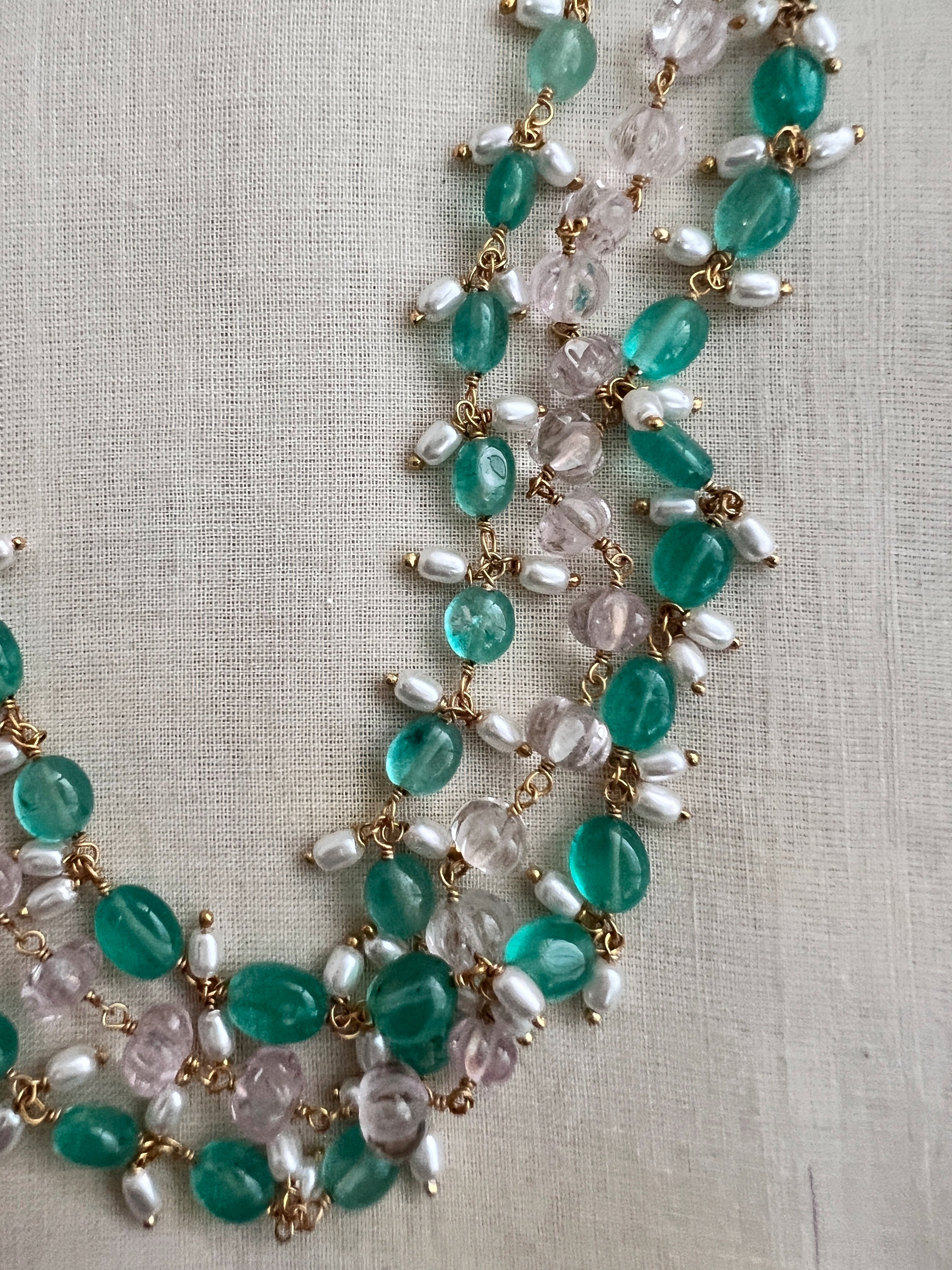 Gold polish three layer chain with green onyx & rose quartz beads & pearls-Silver Neckpiece-CI-House of Taamara
