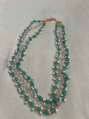 Gold polish three layer chain with green onyx & rose quartz beads & pearls-Silver Neckpiece-CI-House of Taamara