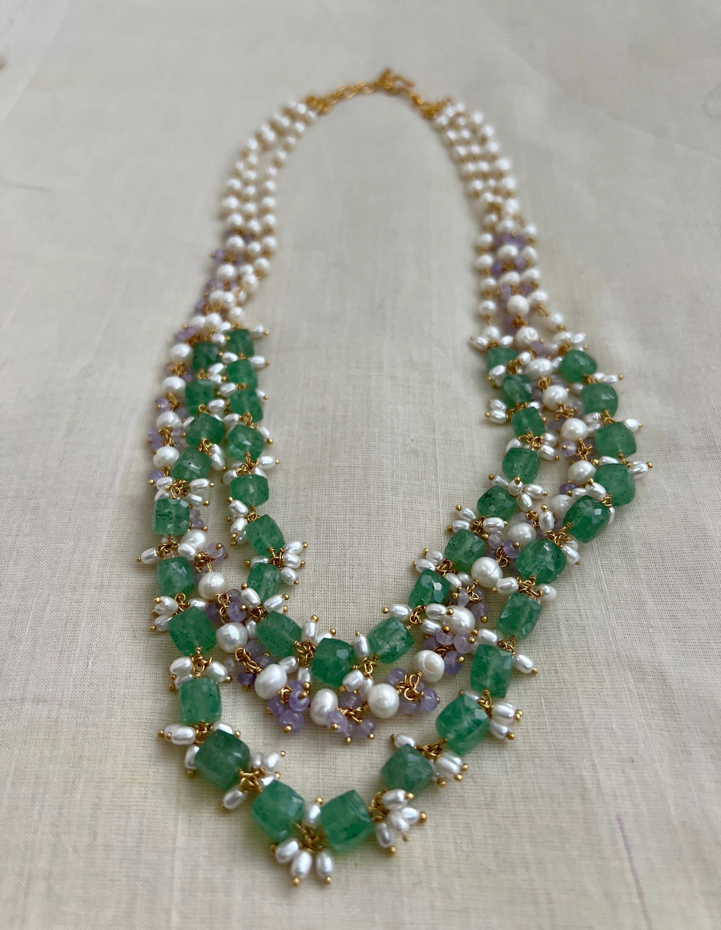 Gold Polish Three Layer Chain With Jade Beads And Pearls