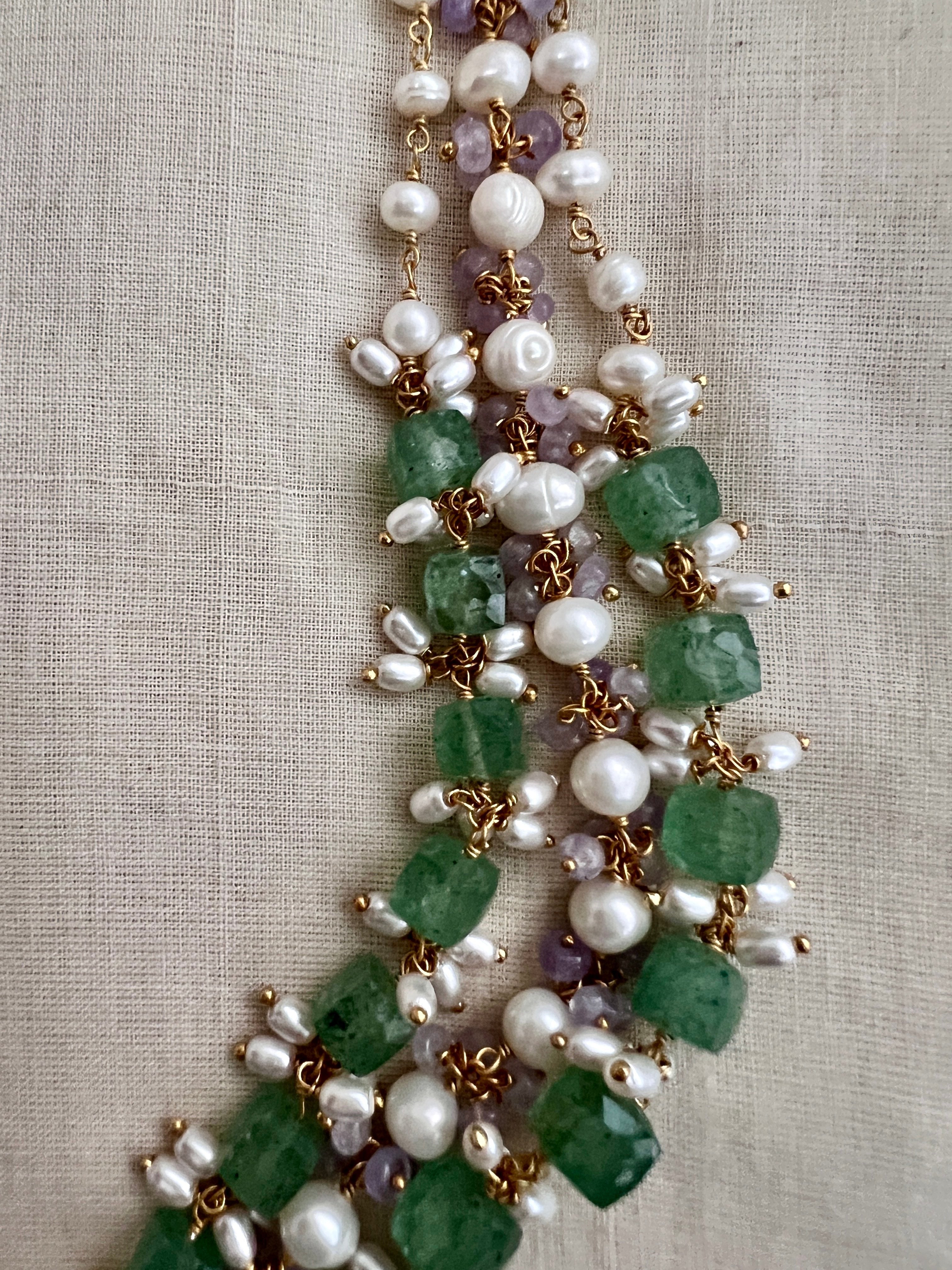 Gold polish three layer chain with jade beads and pearls-Silver Neckpiece-CI-House of Taamara