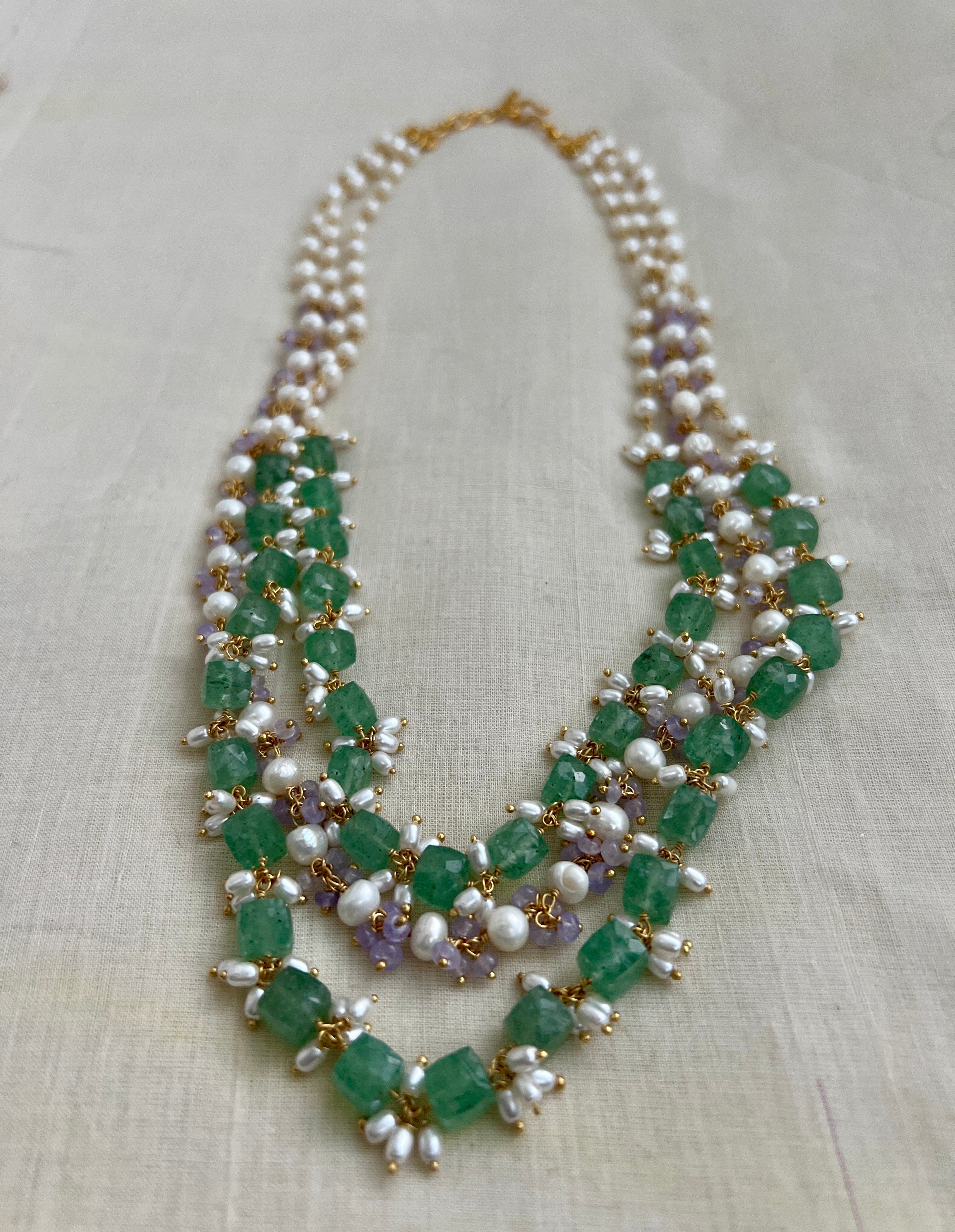 Gold polish three layer chain with jade beads and pearls-Silver Neckpiece-CI-House of Taamara