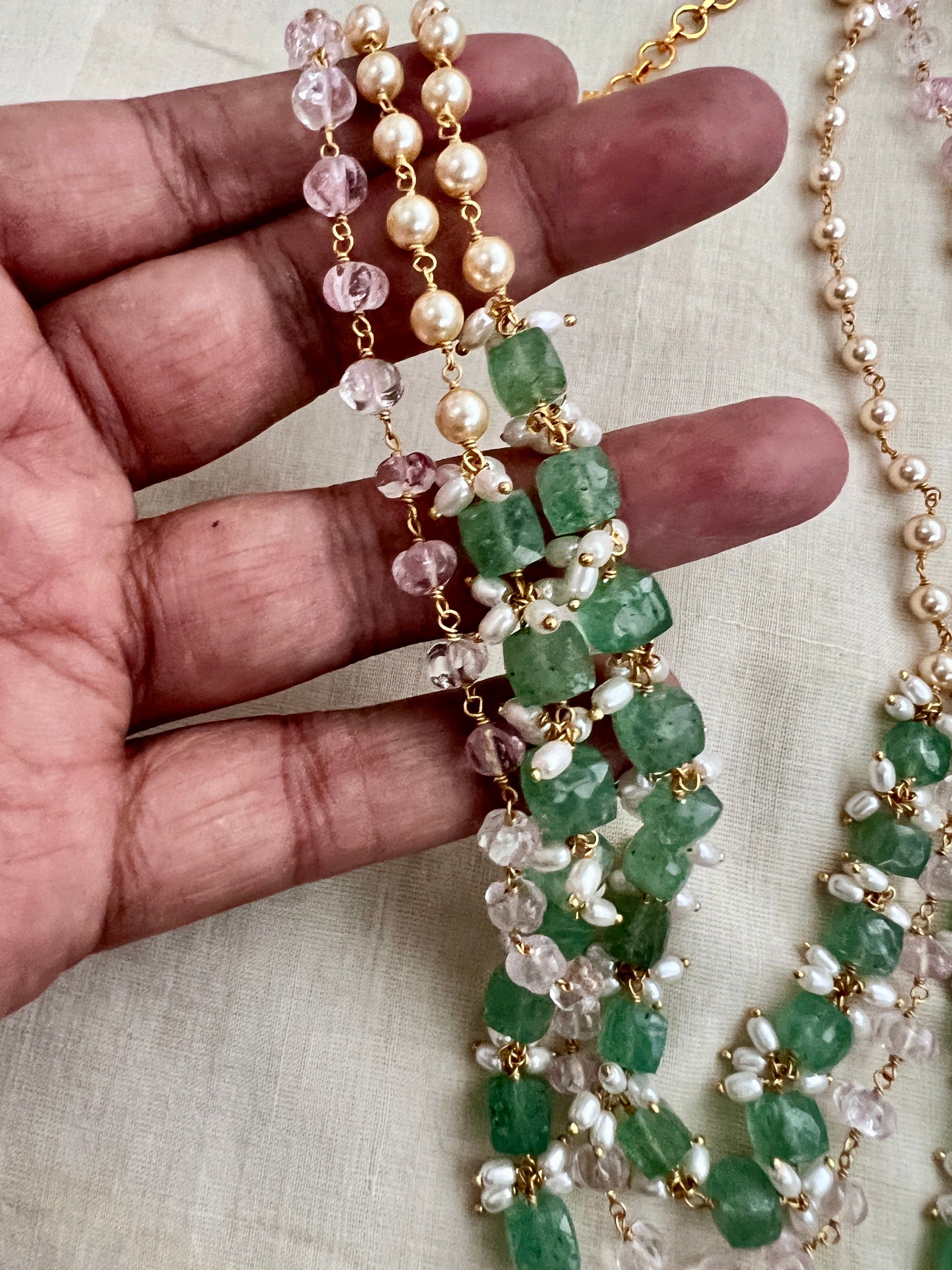 Gold Polish Three Layer Chain With Jade Rose Quartz Beads And