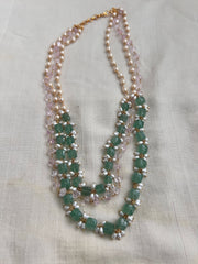 Gold polish three layer chain with jade & rose quartz beads and pearls-Silver Neckpiece-CI-House of Taamara