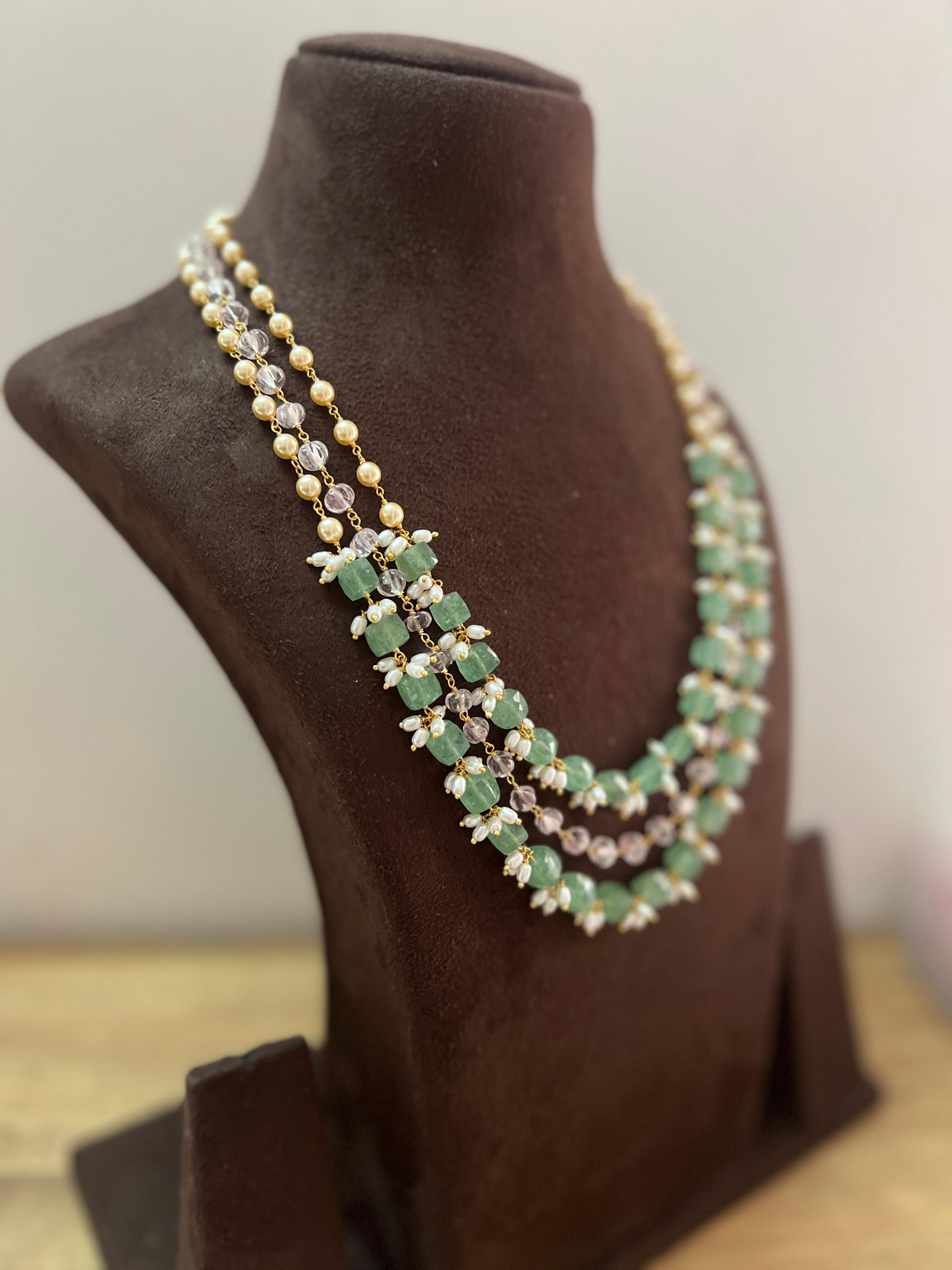 Gold polish three layer chain with jade & rose quartz beads and pearls-Silver Neckpiece-CI-House of Taamara