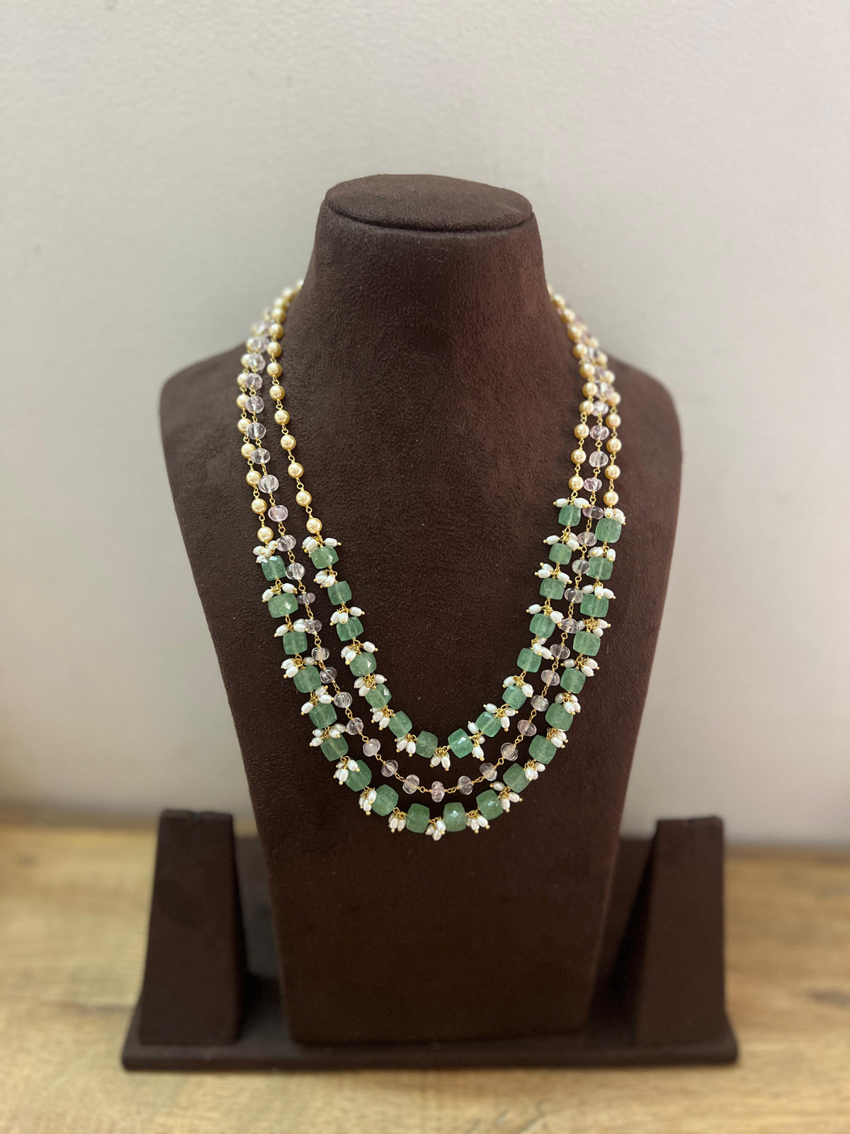 Gold polish three layer chain with jade & rose quartz beads and pearls-Silver Neckpiece-CI-House of Taamara