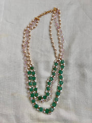 Gold polish three layer chain with jade & rose quartz beads and pearls-Silver Neckpiece-CI-House of Taamara