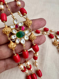 Gold polish three layer coral & pearl beads necklace with kundan motifs-Silver Neckpiece-CI-House of Taamara