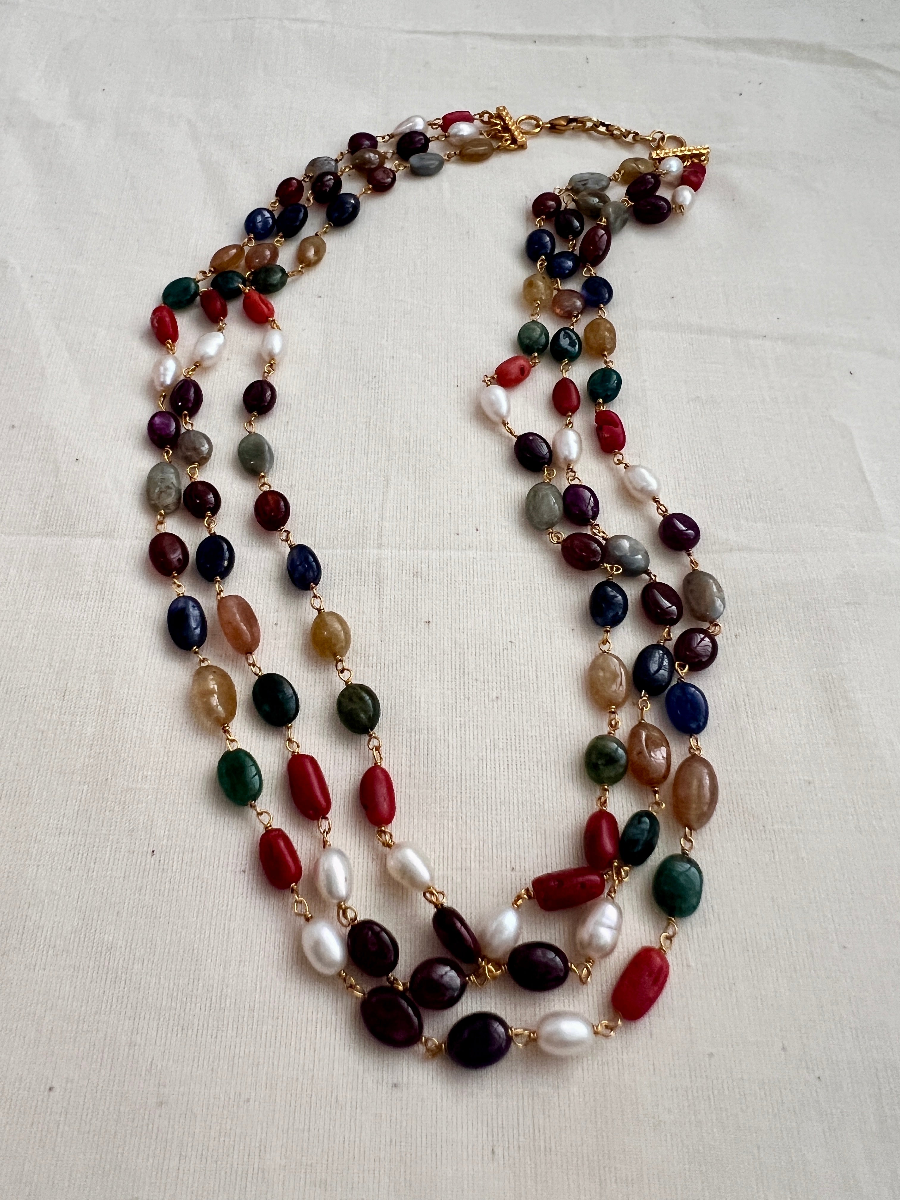 Gold polish three layer navarathana beads chain-Silver Neckpiece-CI-House of Taamara