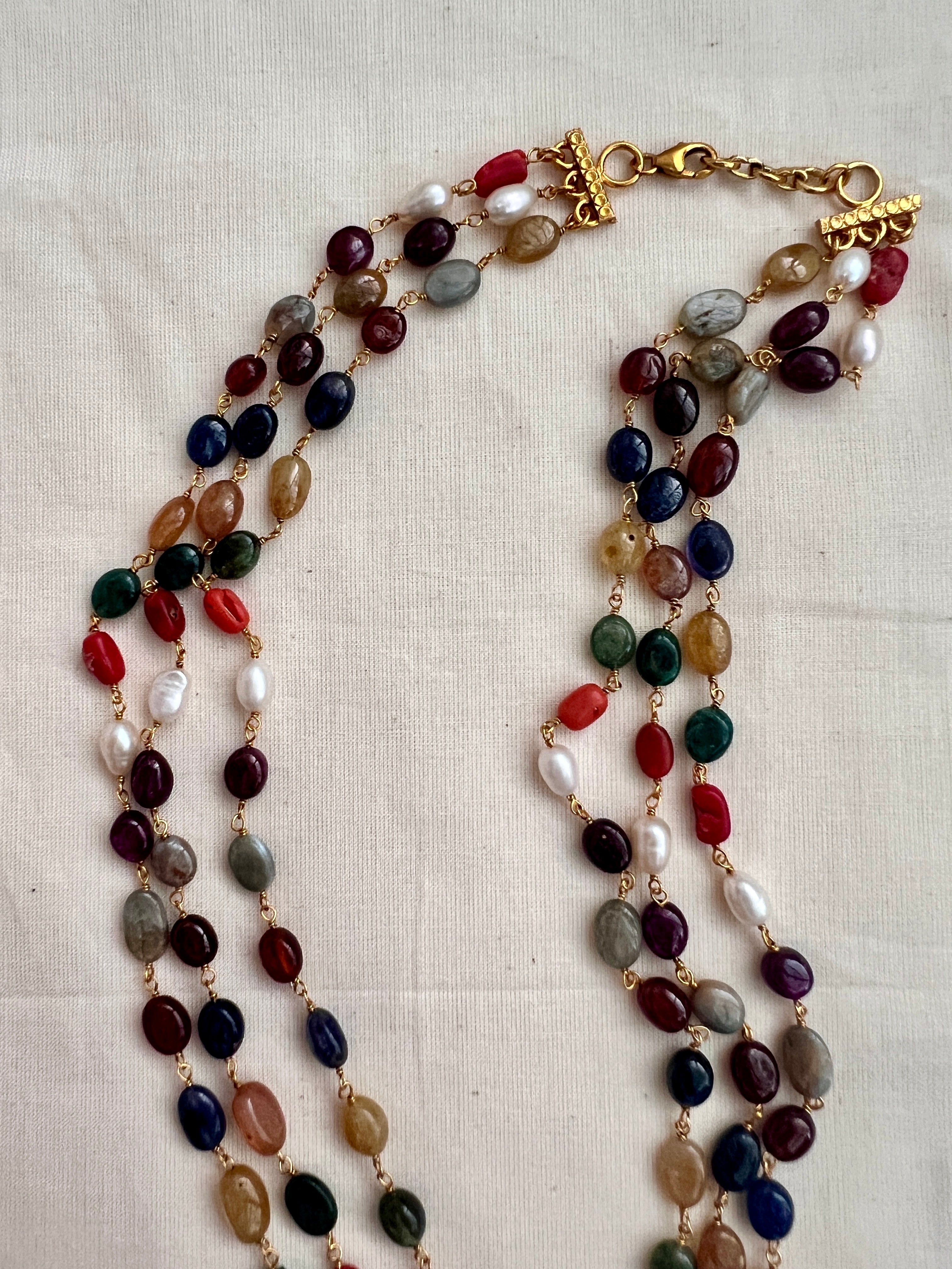 Gold polish three layer navarathana beads chain-Silver Neckpiece-CI-House of Taamara