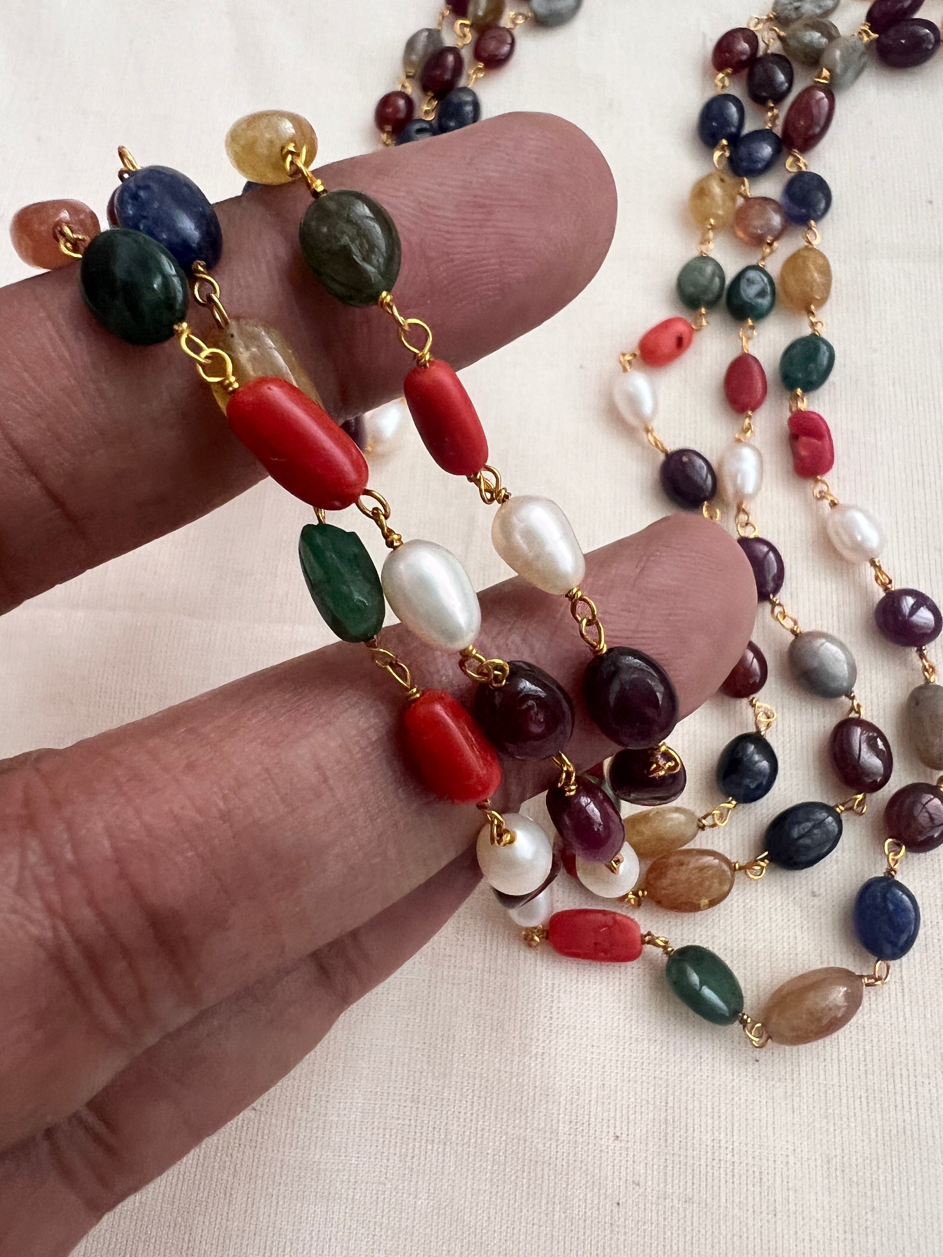 Gold polish three layer navarathana beads chain-Silver Neckpiece-CI-House of Taamara