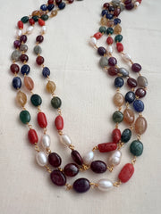 Gold polish three layer navarathana beads chain-Silver Neckpiece-CI-House of Taamara