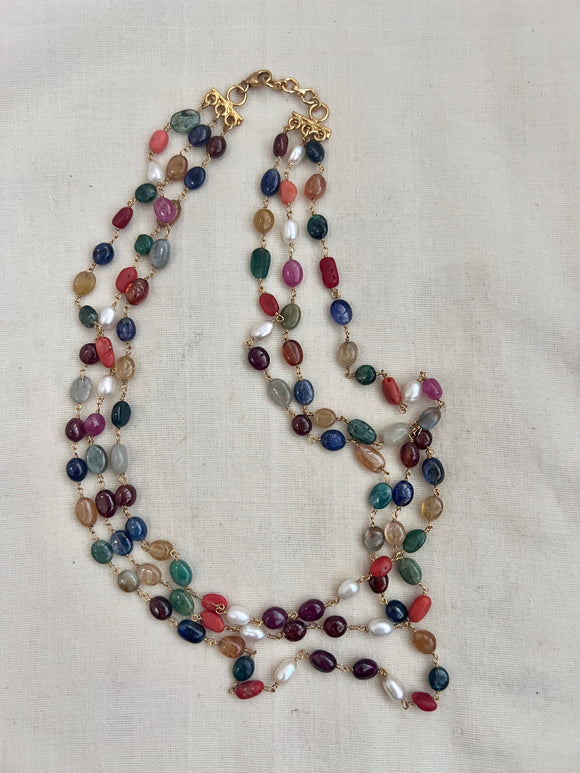 Gold polish three layer navrathana beads necklace (MADE TO ORDER)-Silver Neckpiece-CI-House of Taamara
