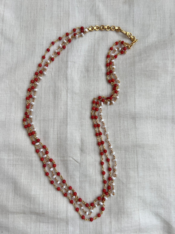 Gold polish three layer pearls with coral beads chain-Silver Neckpiece-CI-House of Taamara