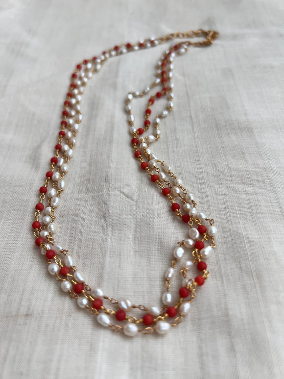 Gold polish three layer rice pearls with coral beads chain-Silver Neckpiece-CI-House of Taamara