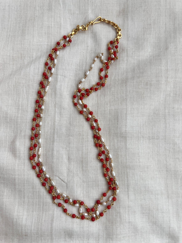 Gold polish three layer rice pearls with coral beads chain-Silver Neckpiece-CI-House of Taamara