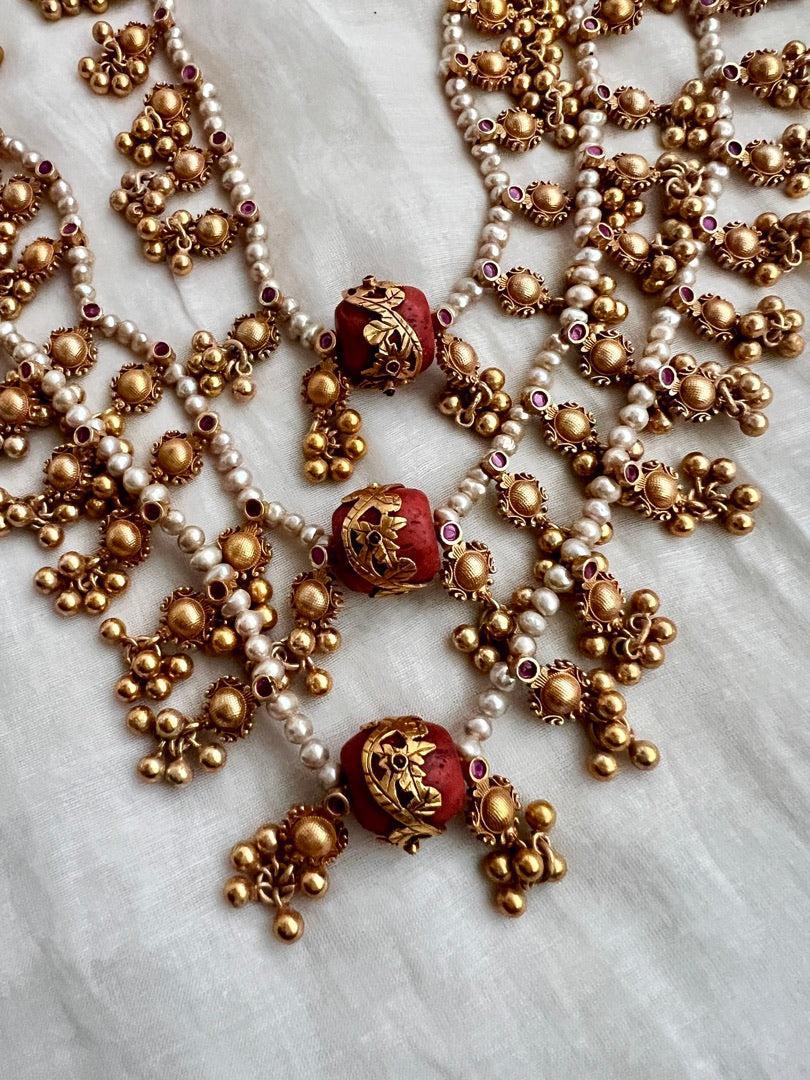 Gold polish three layer step pearl necklace with coral beads-Silver Neckpiece-CI-House of Taamara