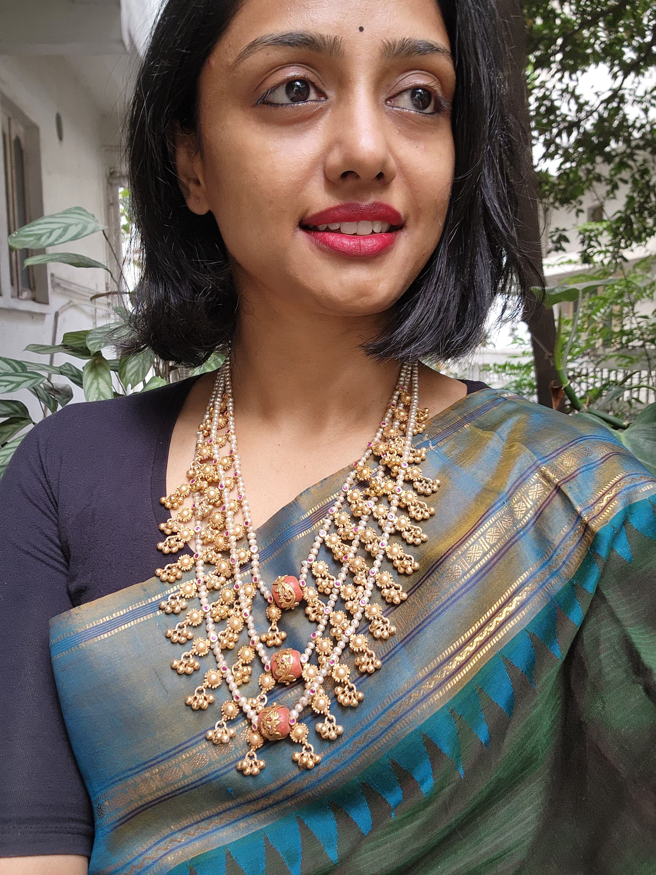 Gold polish three layer step pearl necklace with coral beads-Silver Neckpiece-CI-House of Taamara