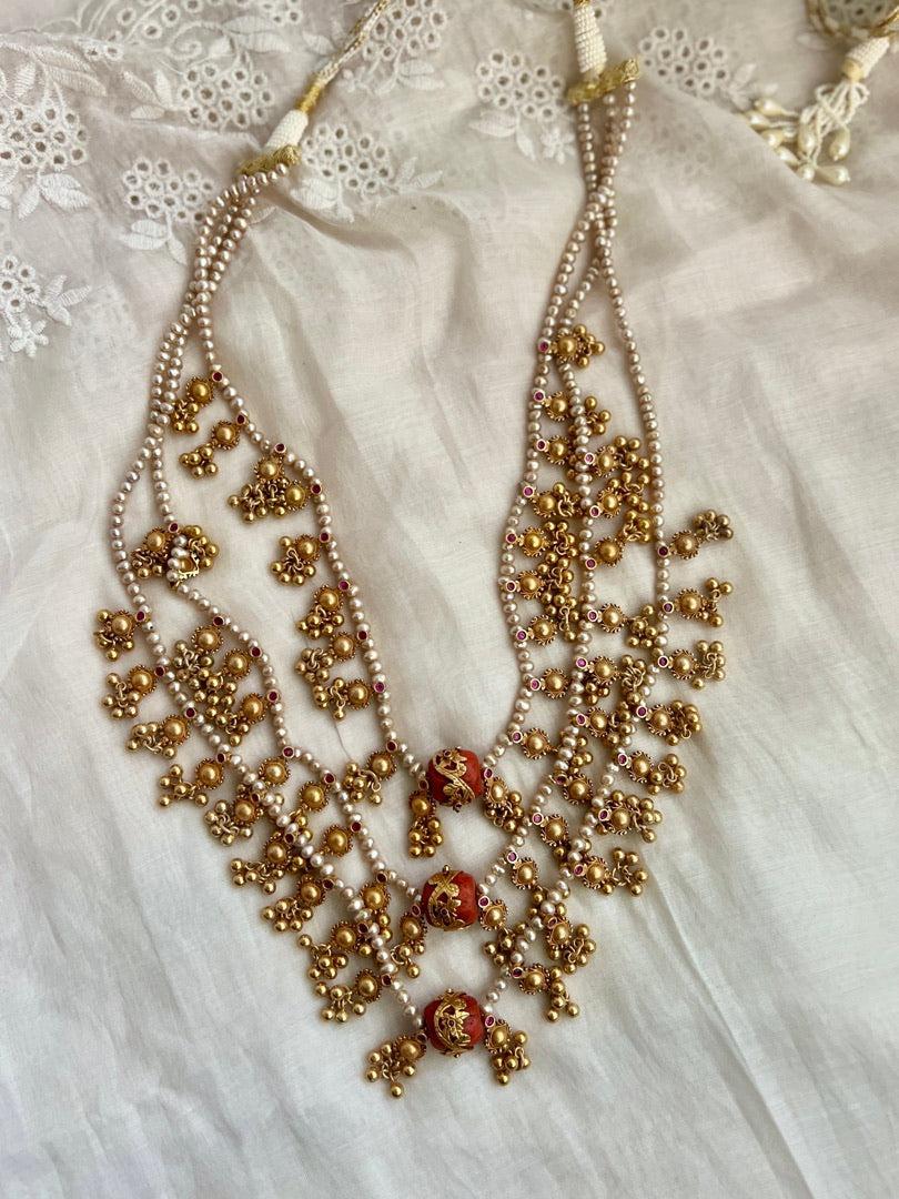 Gold polish three layer step pearl necklace with coral beads-Silver Neckpiece-CI-House of Taamara