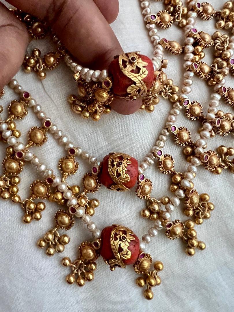 Gold polish three layer step pearl necklace with coral beads-Silver Neckpiece-CI-House of Taamara