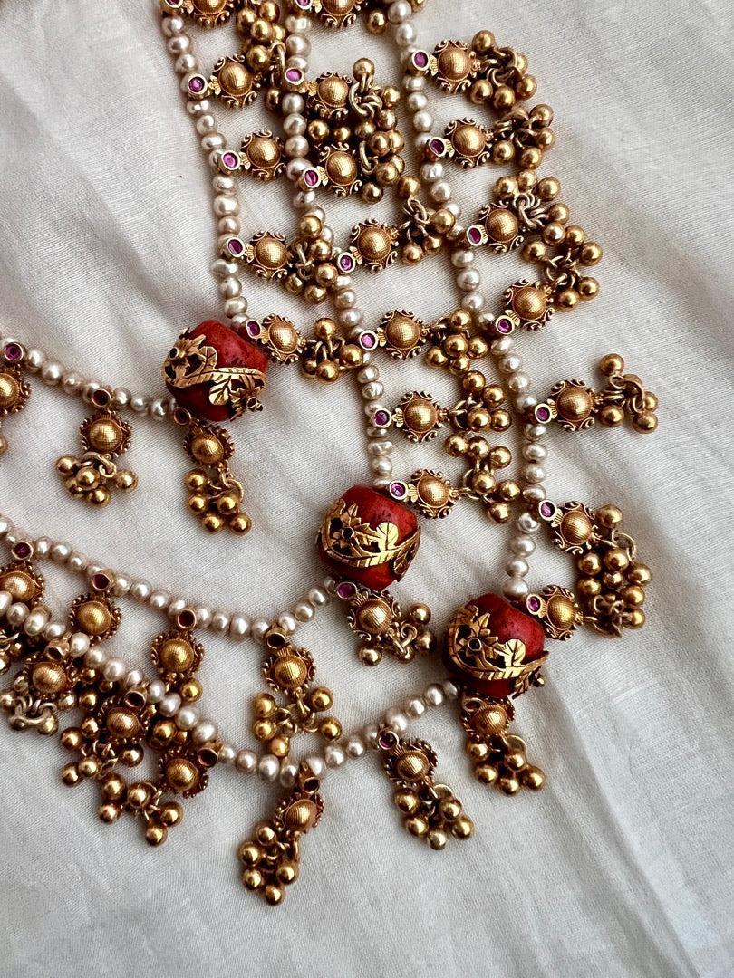 Gold polish three layer step pearl necklace with coral beads-Silver Neckpiece-CI-House of Taamara