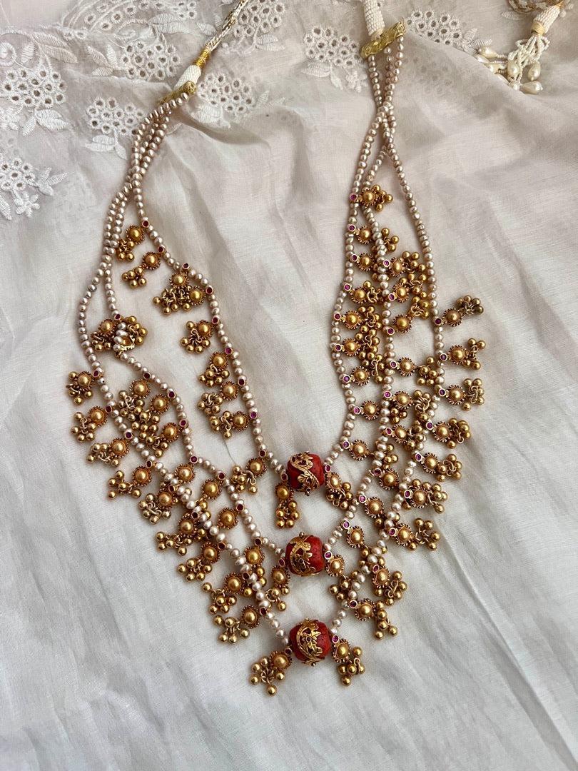 Gold polish three layer step pearl necklace with coral beads-Silver Neckpiece-CI-House of Taamara
