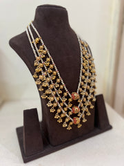 Gold polish three layer step pearl necklace with coral beads-Silver Neckpiece-CI-House of Taamara