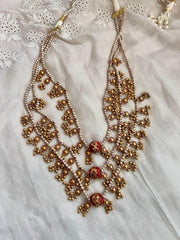 Gold polish three layer step pearl necklace with coral beads-Silver Neckpiece-CI-House of Taamara